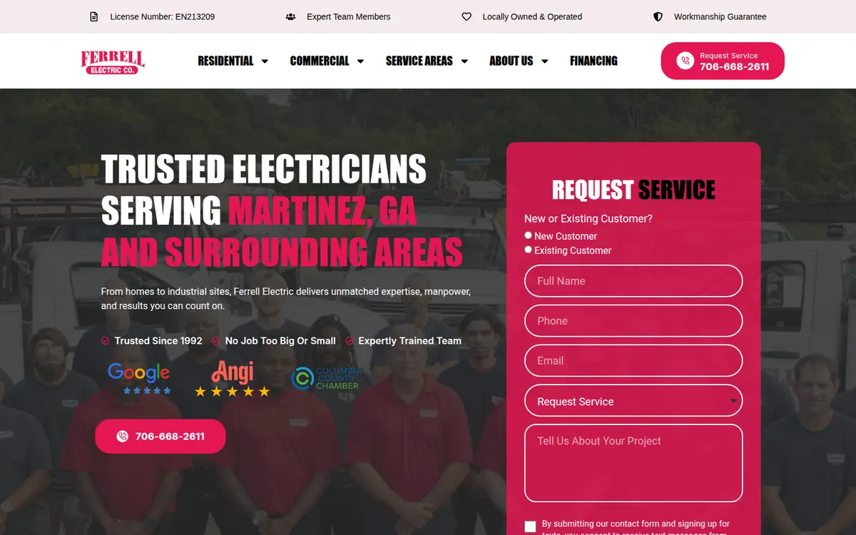 Ferrell Electric home page with the crew behind a request service form