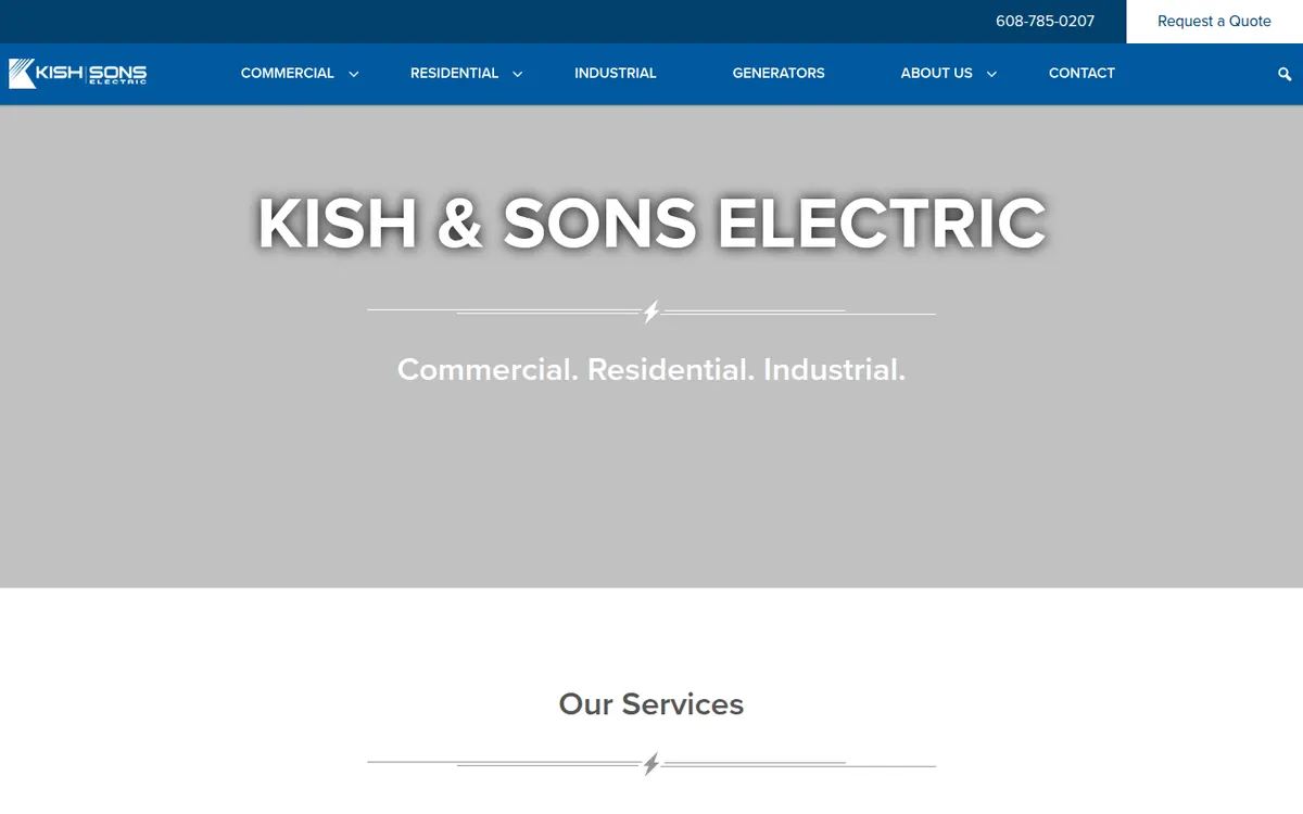 Kish and Sons Electric home page with commercial, residential and industrial under the name