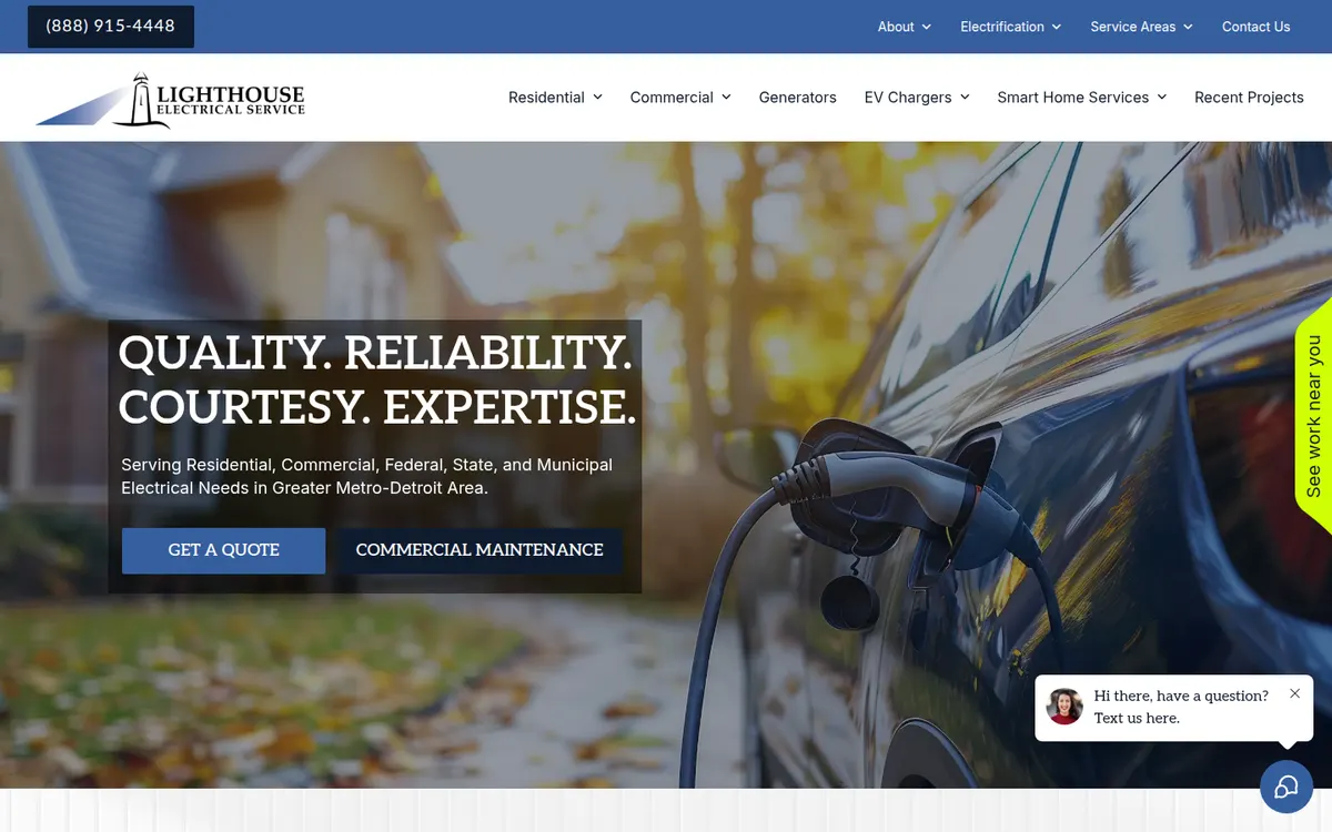 Lighthouse Electrical home page with an electric vehicle charging at a home and a Get a Quote button