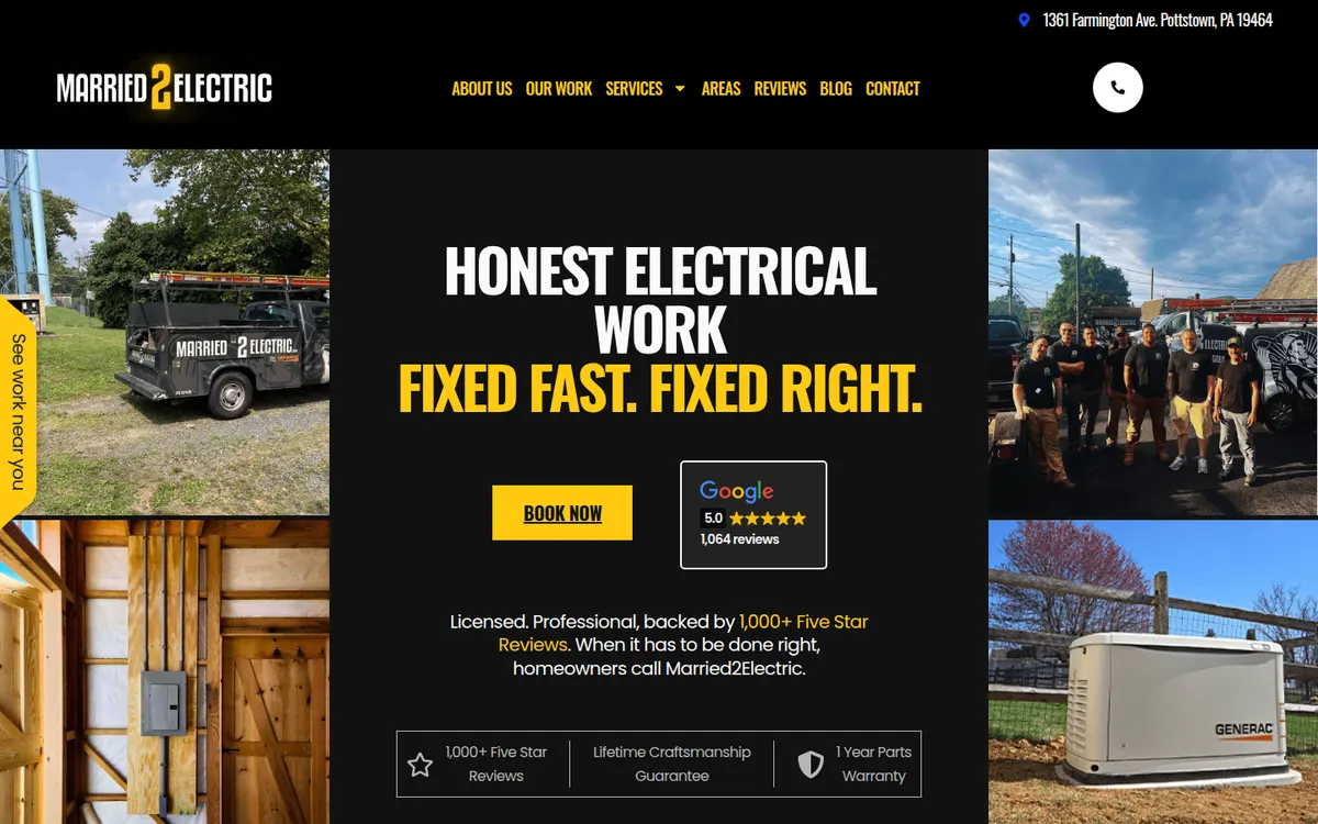 Married to Electric home page with photos of the van, the crew and finished jobs around the headline