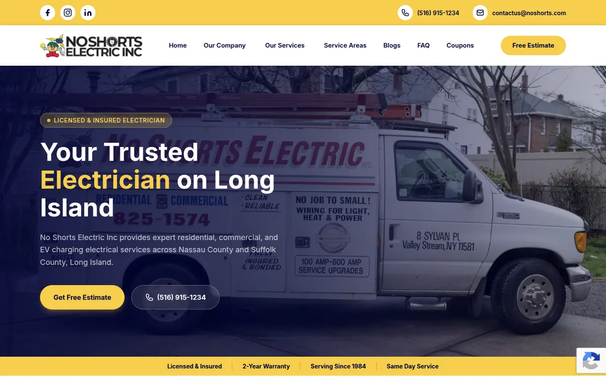 No Shorts Electric home page with a lettered work van behind the headline
