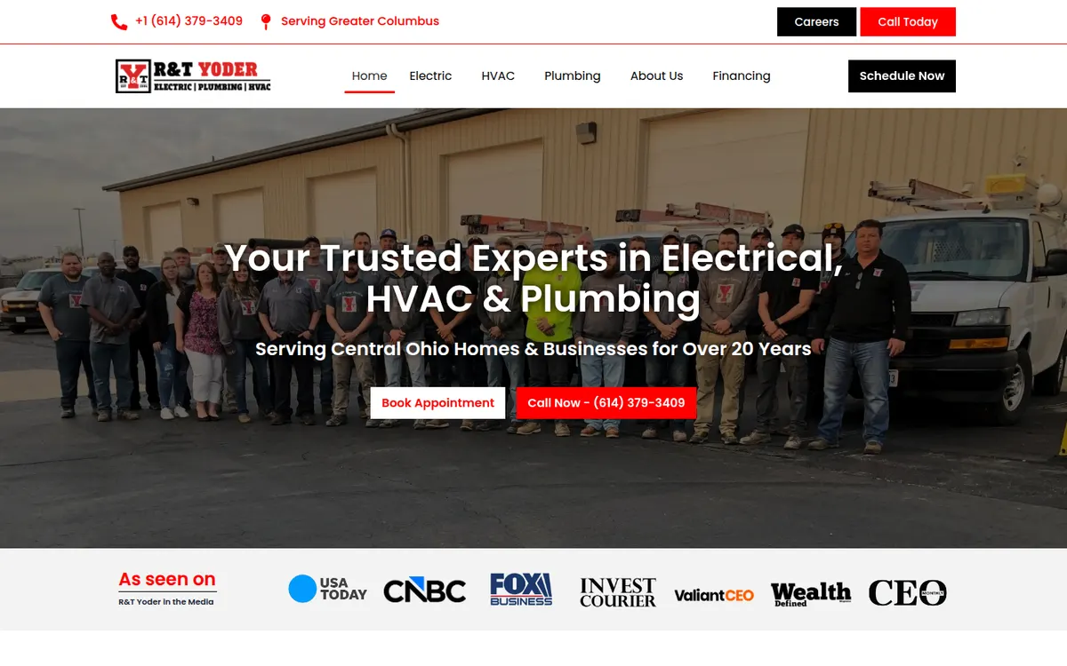 R&T Yoder home page with the crew standing in front of the company trucks