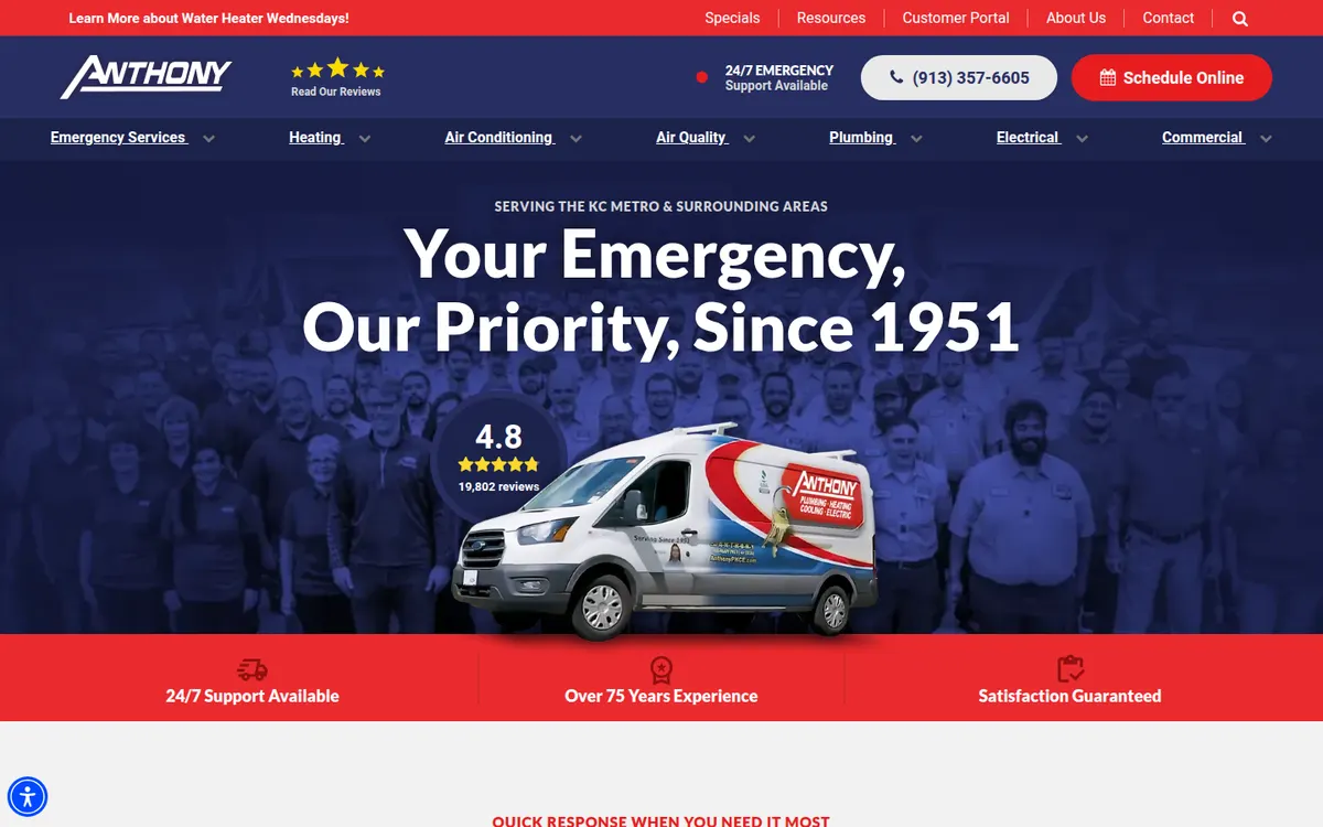 Anthony Plumbing, Heating, Cooling and Electric home page with a wrapped van in front of the crew
