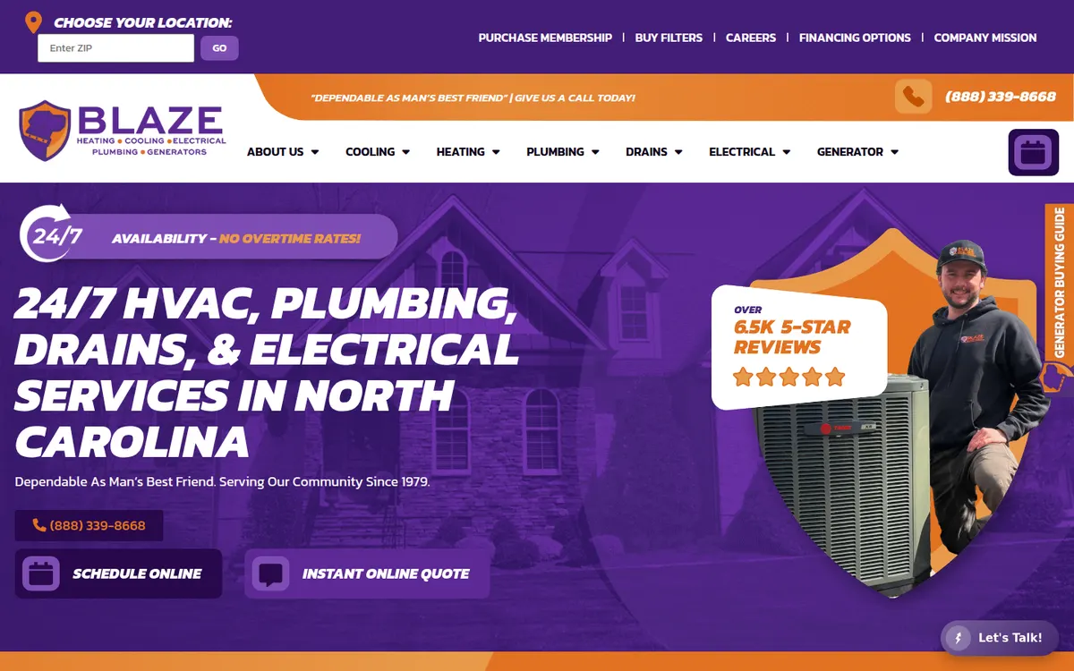 Blaze Heating, Cooling and Electrical home page with a technician beside an outdoor unit and three contact buttons