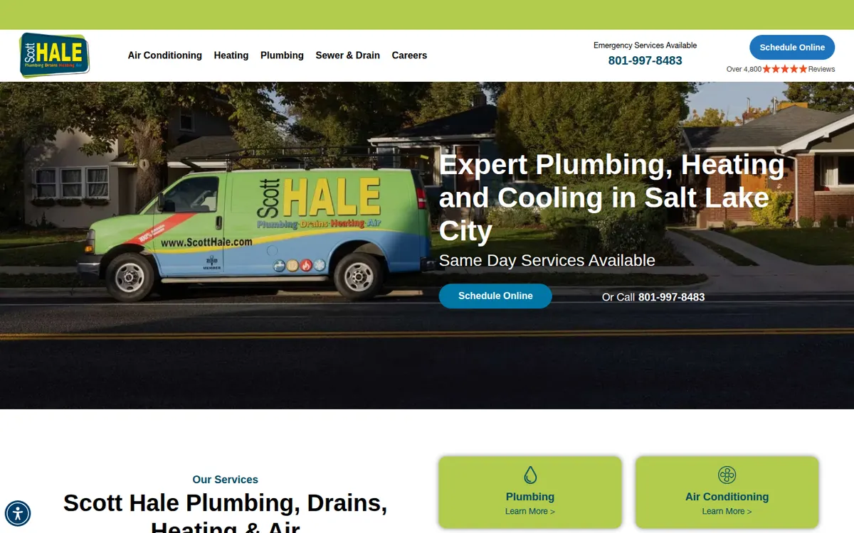 Scott Hale Plumbing, Heating and Air home page with a green and blue van on a residential street