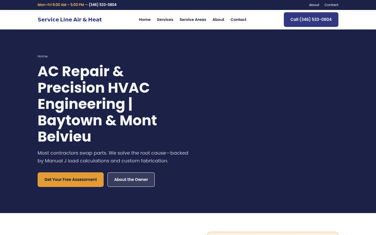 Service Line Air and Heat home page with the service and two towns in the headline and a free assessment button