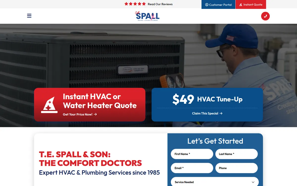 T.E. Spall and Son home page with a technician at a condenser and buttons for an instant quote and a tune up