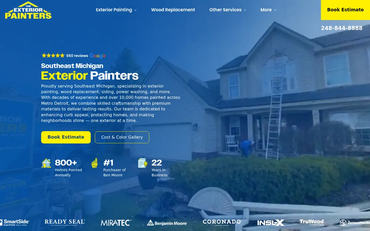 The Exterior Painters home page with the wrapped company van under a blue tint