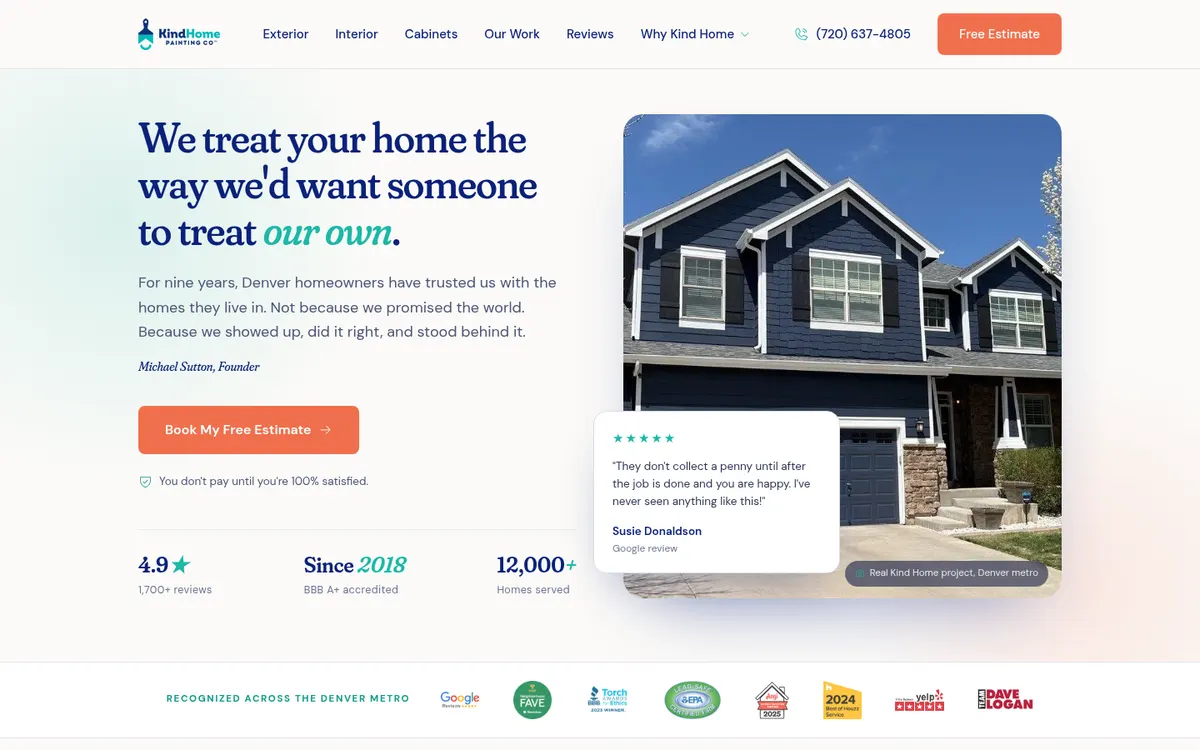 Kind Home Painting home page with a finished dark blue house and a customer quote