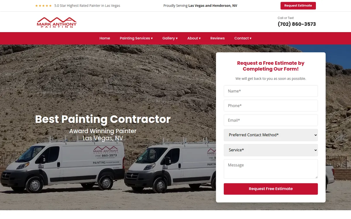 Mark Anthony Painting home page with two lettered vans and a free estimate form