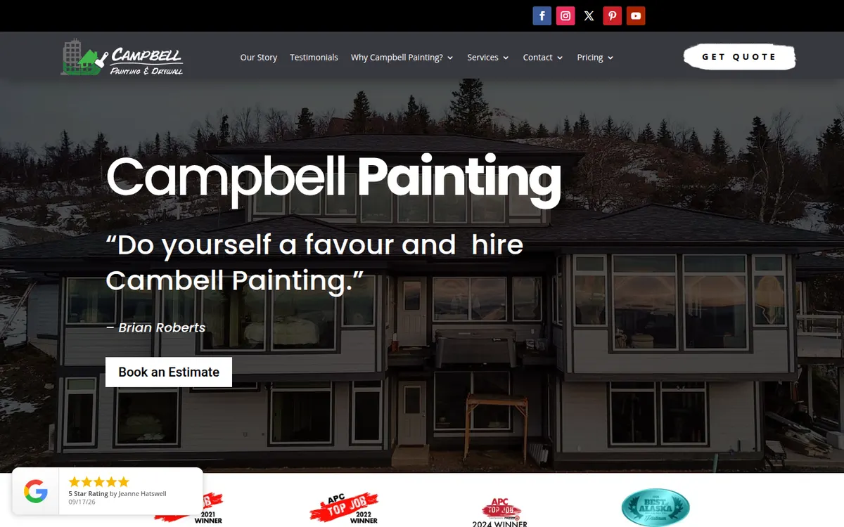 Campbell Painting home page with a customer quote as the headline over a finished house