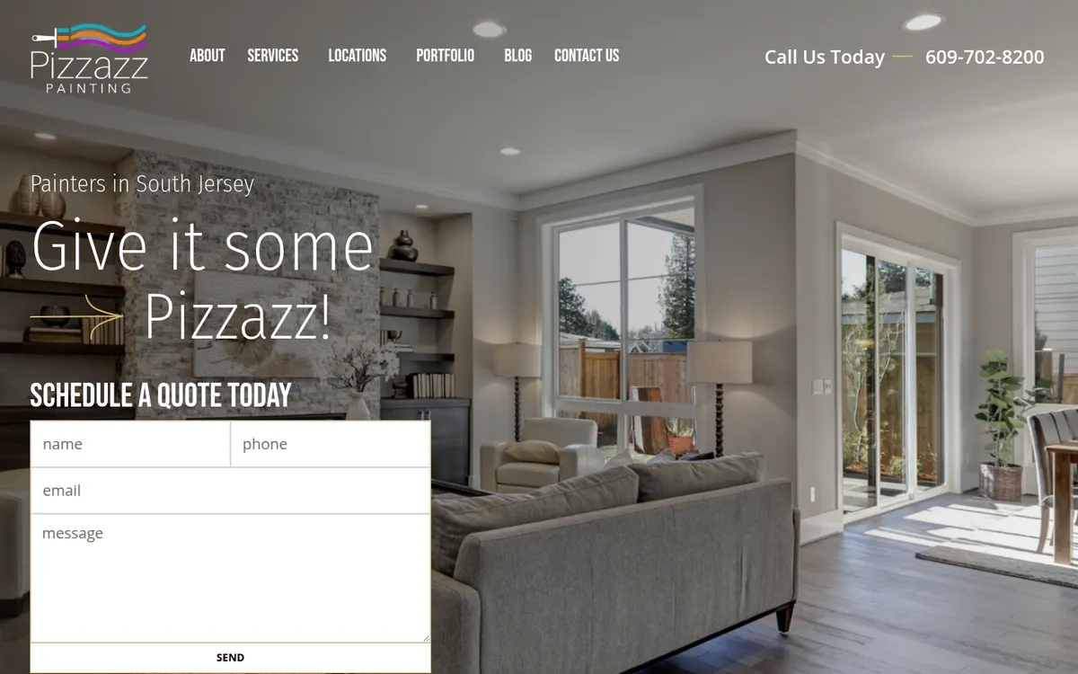 Pizzazz Painting home page with a quote form set on a photo of a living room