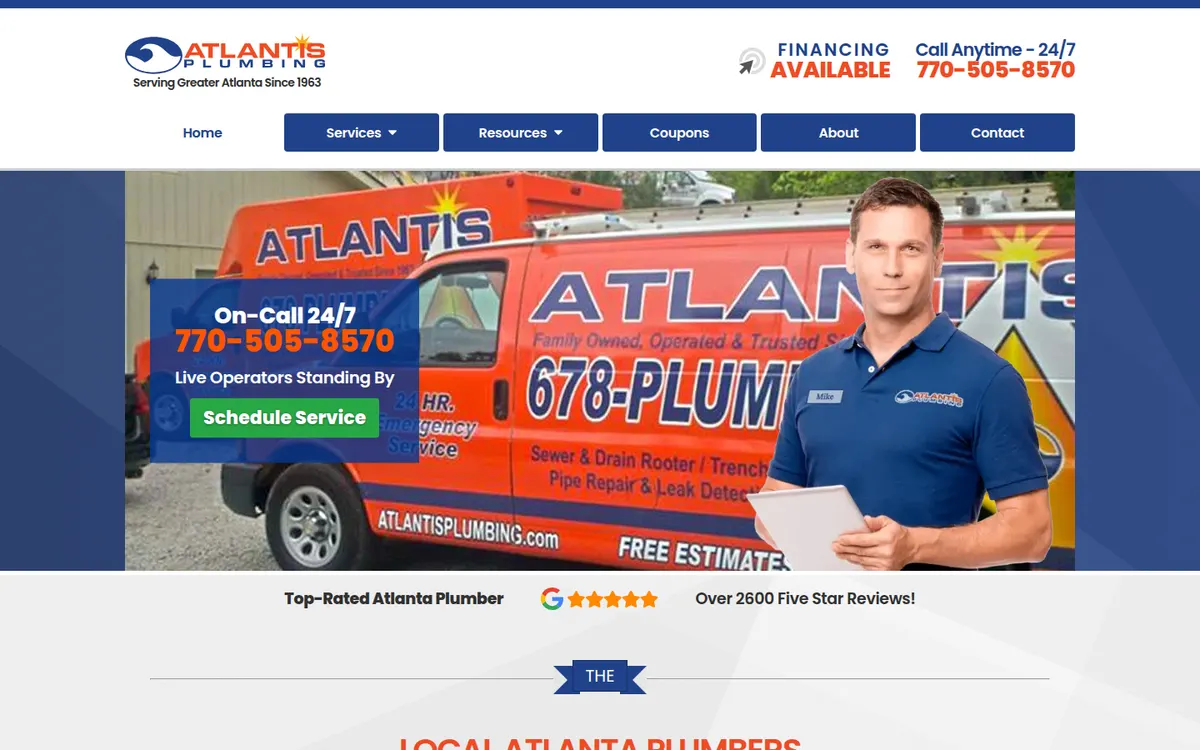 Atlantis Plumbing home page showing a wrapped service van, a plumber in uniform and a Schedule Service button
