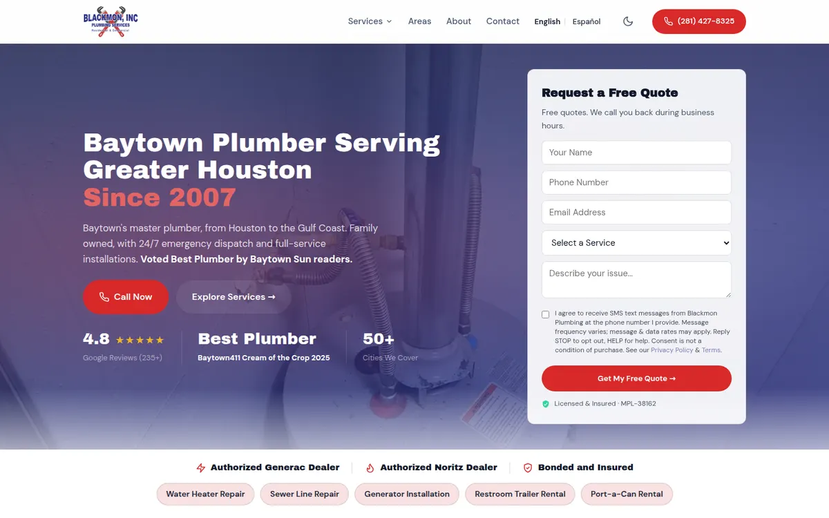 Blackmon Plumbing home page with the town in the headline, a star rating and a free quote form