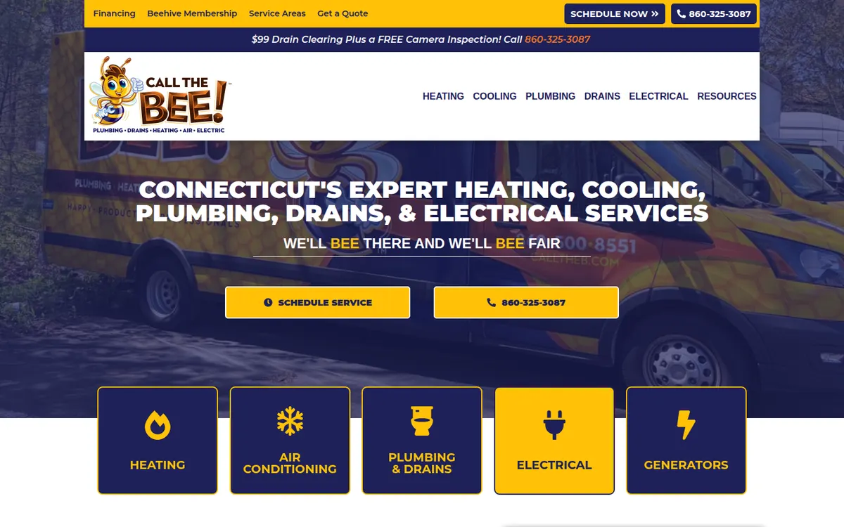Call The Bee home page with a wrapped van behind the headline and five service tiles below