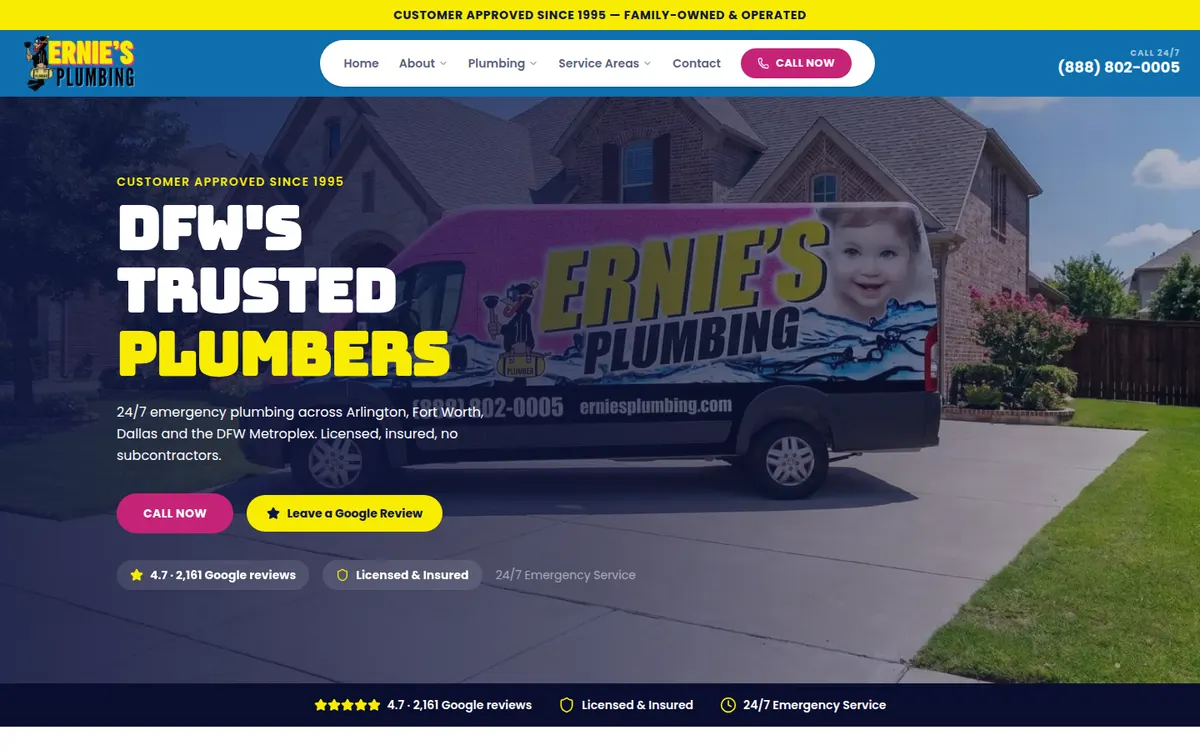 Ernie's Plumbing home page with the wrapped company van parked in a driveway