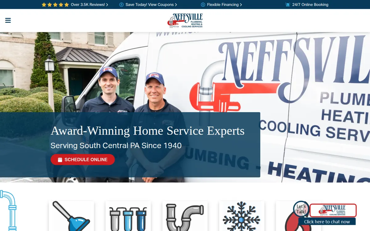 Neffsville Plumbing, Heating and Cooling home page with two technicians in front of a lettered van