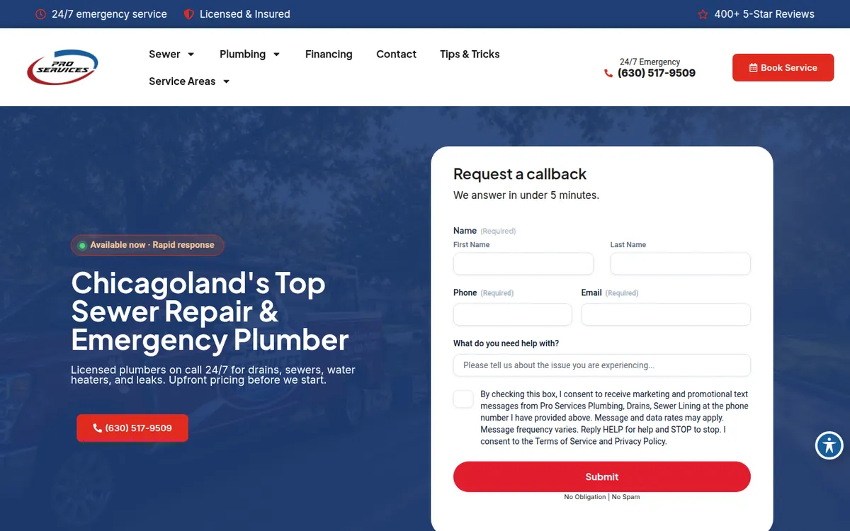 Pro Services Plumbing home page with a callback request form beside the headline