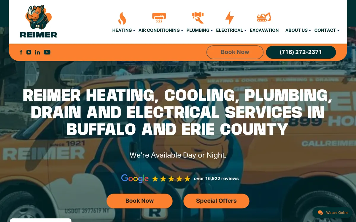 Reimer home page with a lettered truck behind the headline and a Book Now button