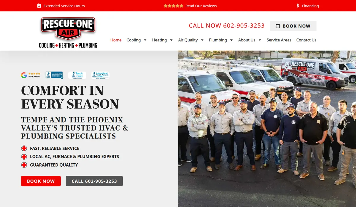 Rescue One Air home page with the full crew standing in front of the company vans